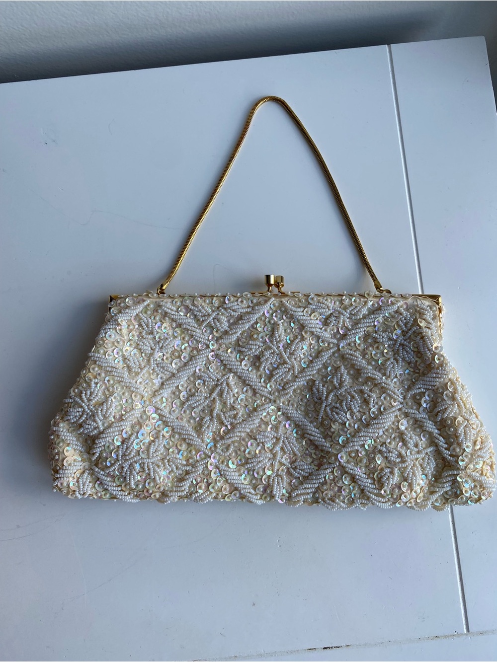 Elegant Cream Beaded Evening Clutch with Gold Handle